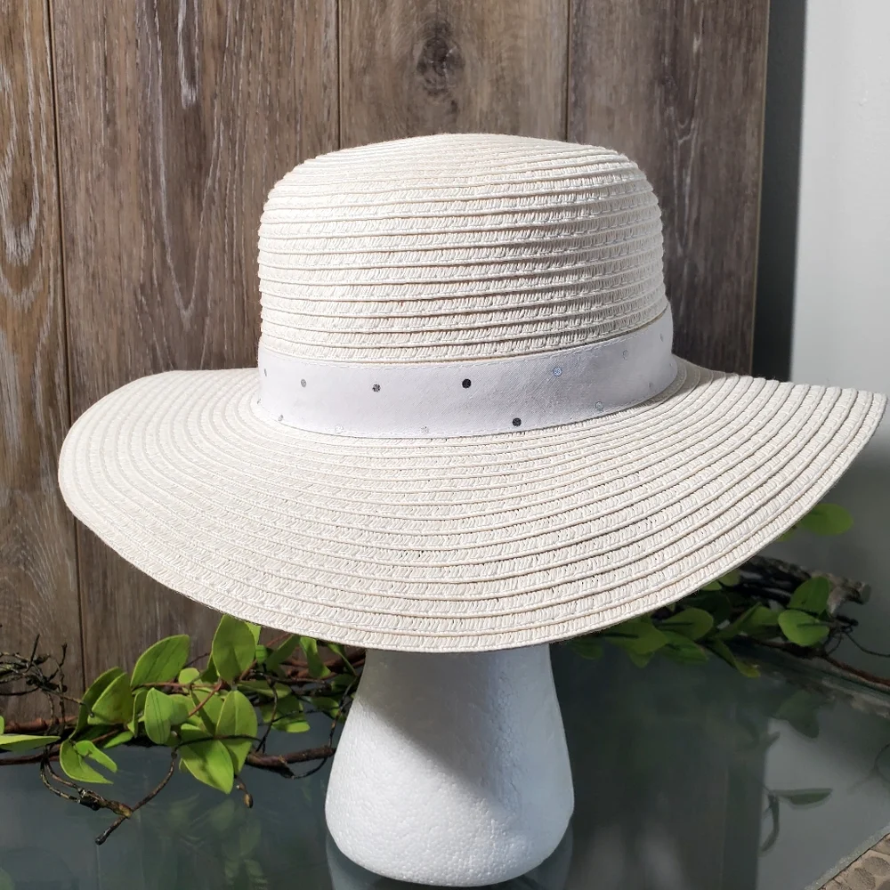 Girls Off-White Wide-Brimmed Straw Hat with Bow- Ages 4-7
